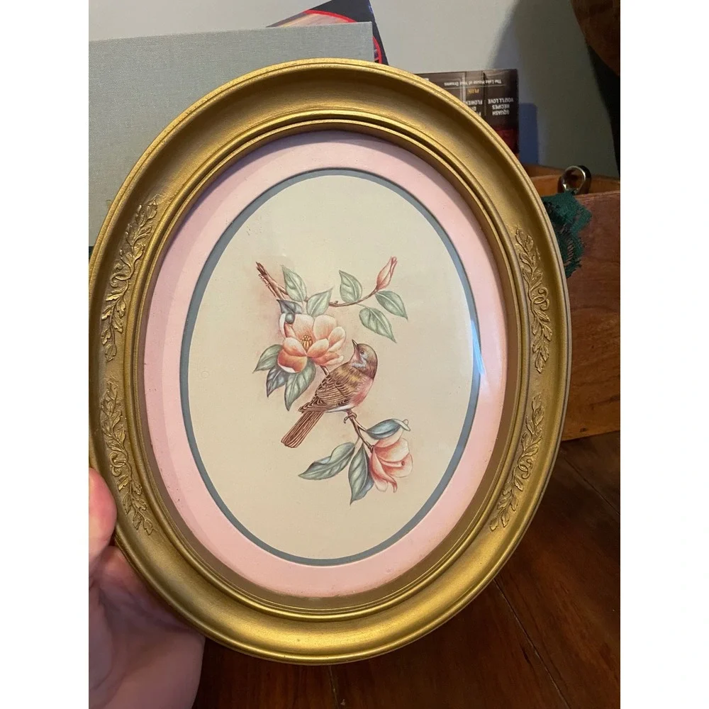 Vintage Oval Bird Floral Wall Art Gold Ornate Frame Pink Blue Mat Cottagecore